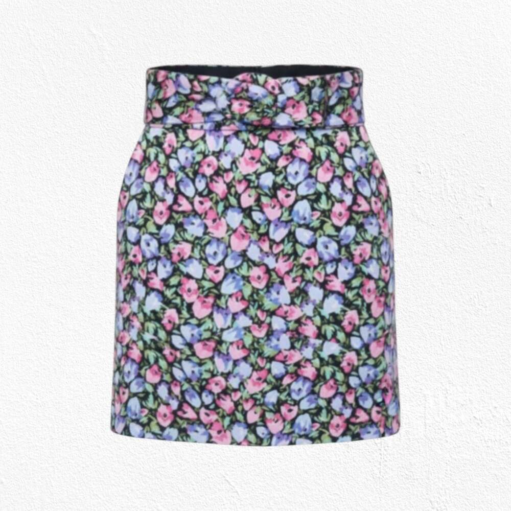 Zara Black Pink Pastel Floral Belted High Waisted Cottage Mini Skirt Size Small